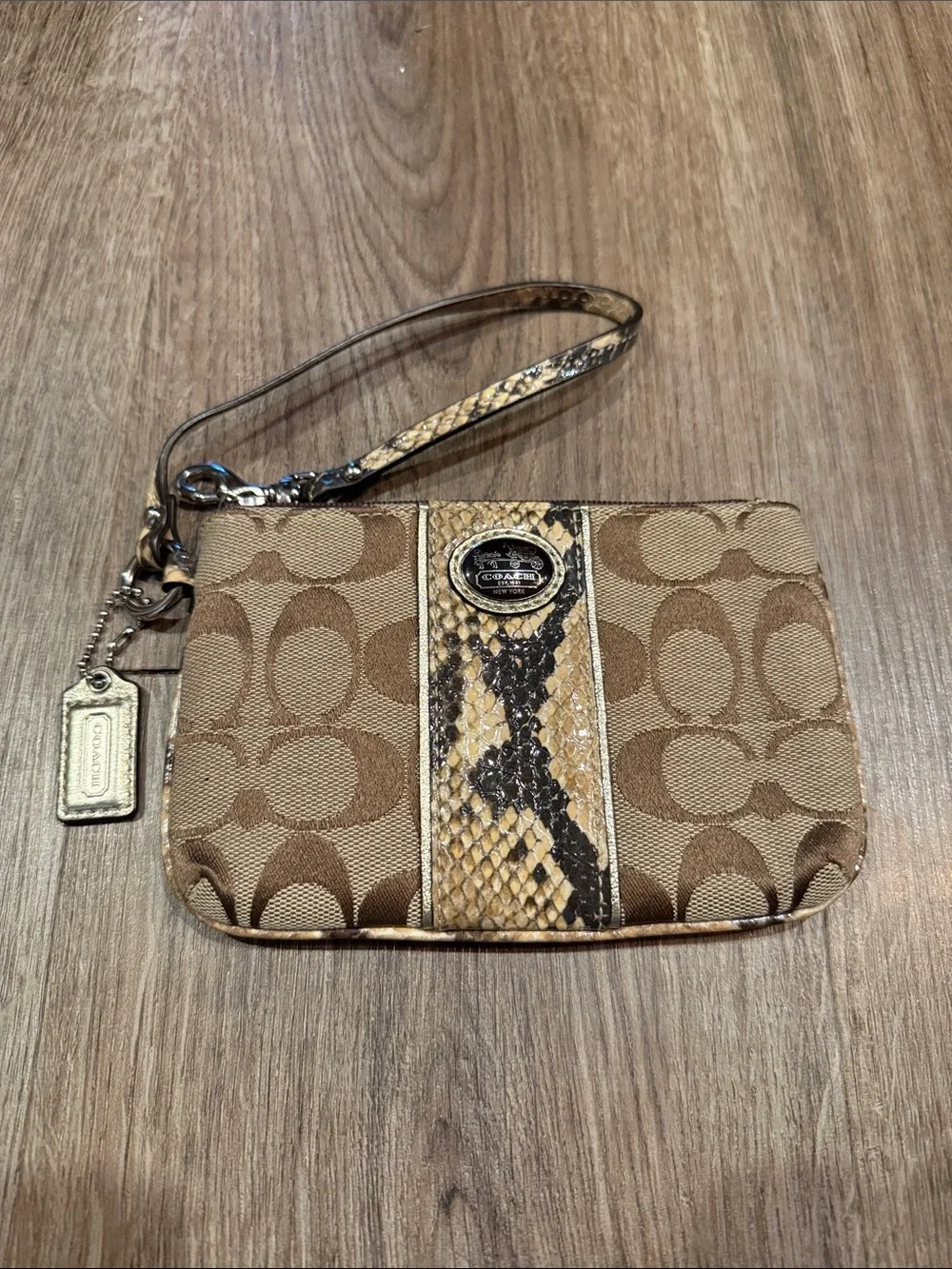 Coach Python Signature Canvas Snakeskin Brown Mini Wristlet- Zip
